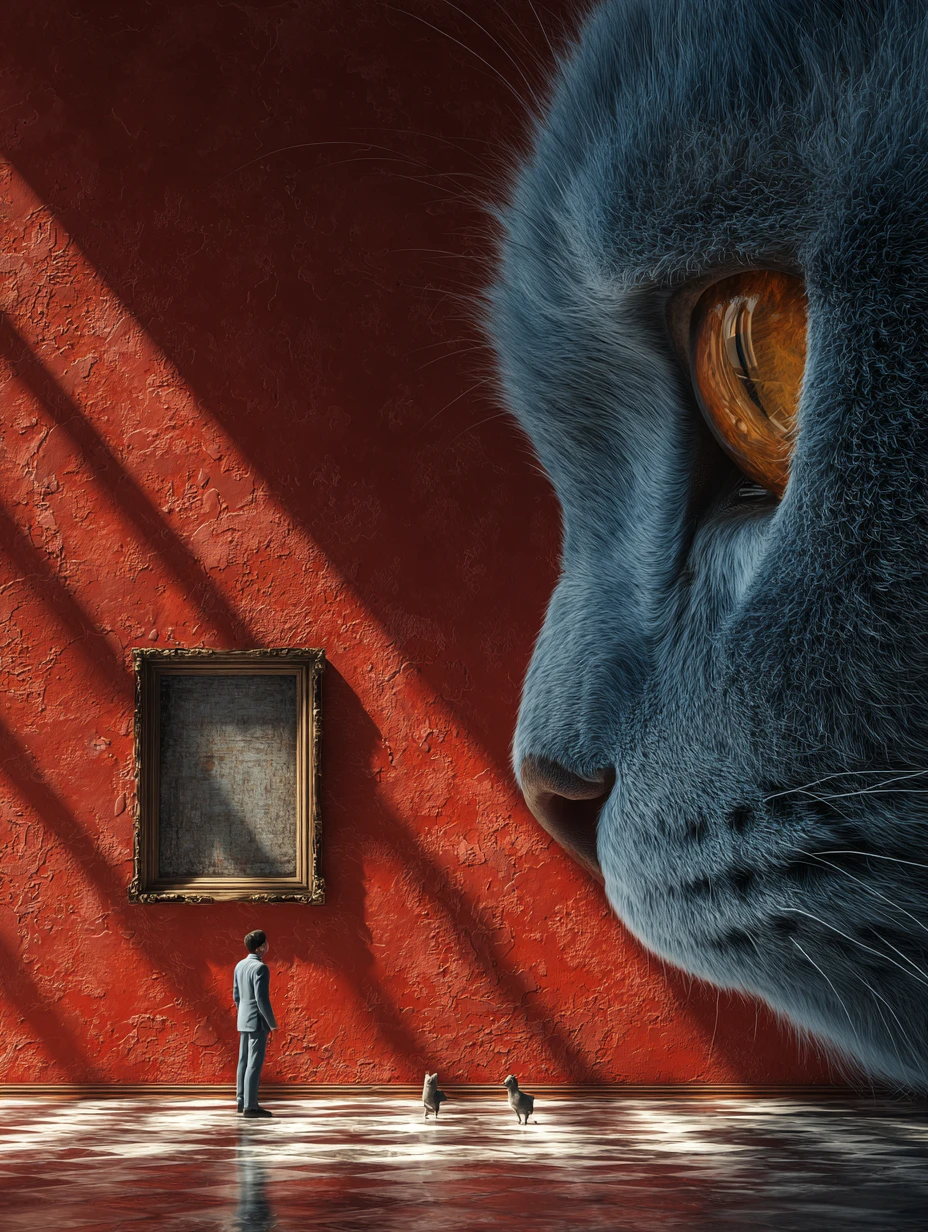 Quarto surreal com um gato azul gigante observando duas pessoas minúsculas