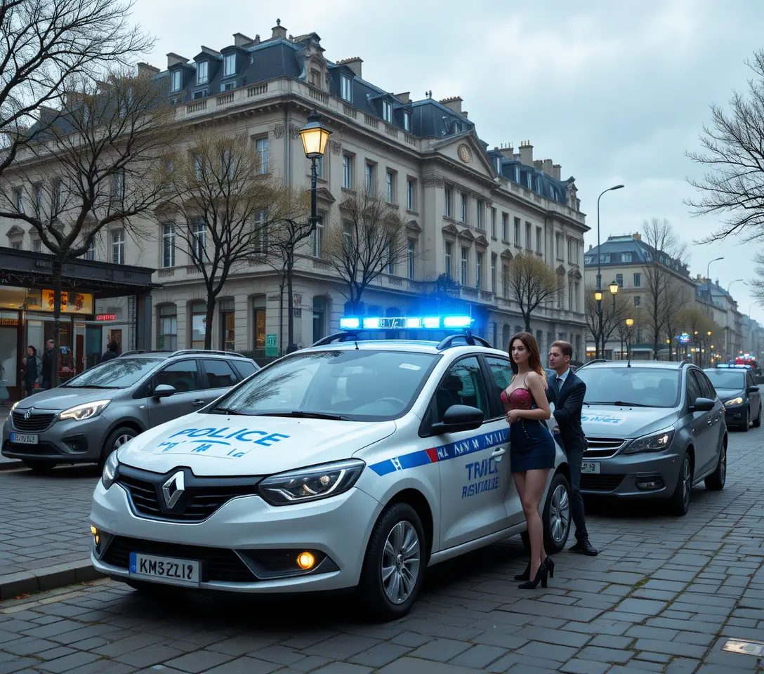 White police car parked on cobblestone city street at low angle