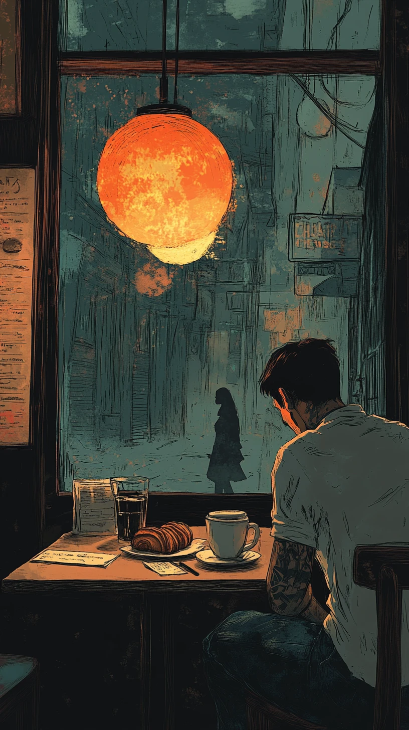 Tattooed man in a vintage diner with coffee and breakfast