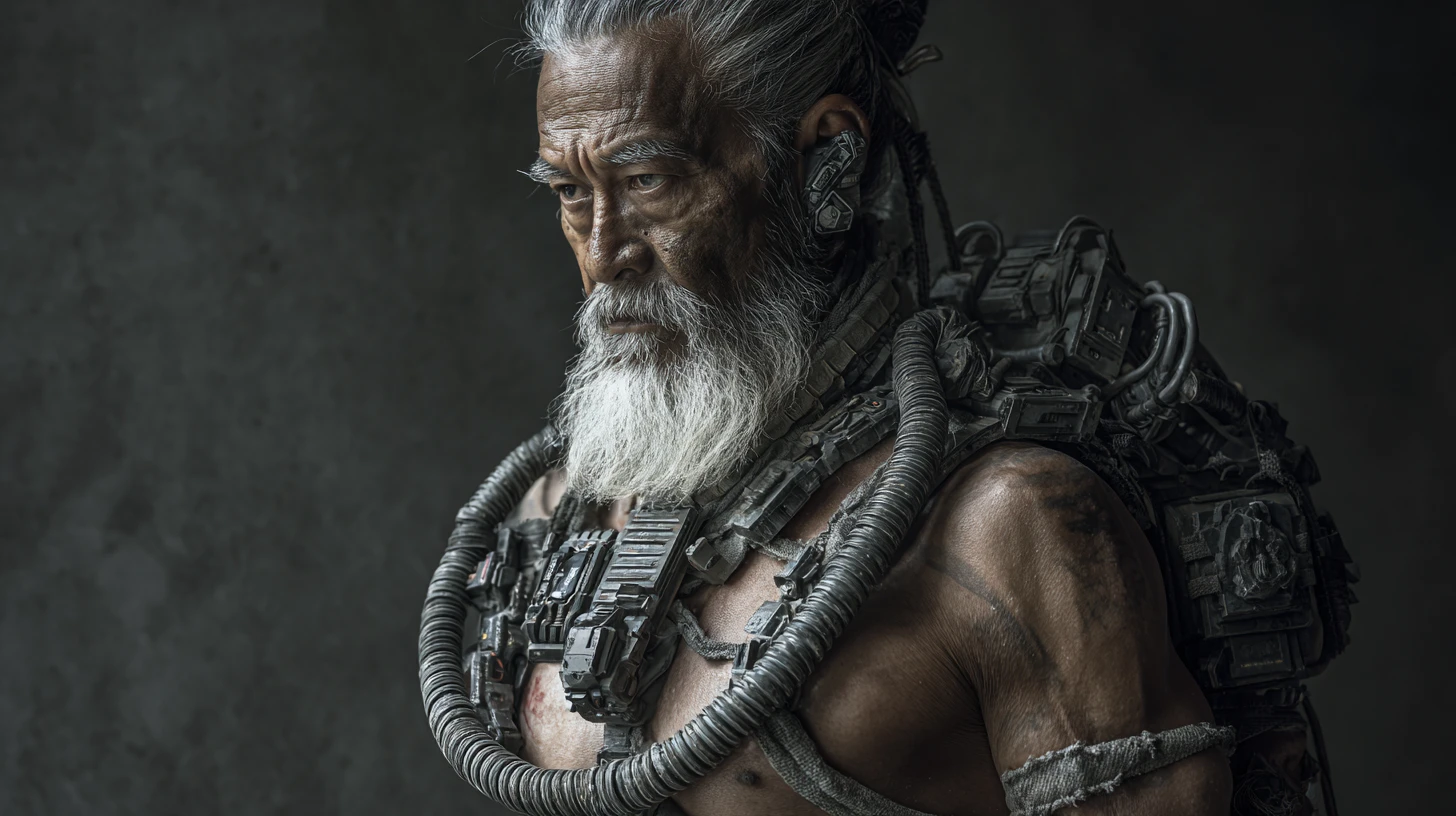Grimmiger Cyberpunk-Cyborg-Kommandant mit mechanischem Torso