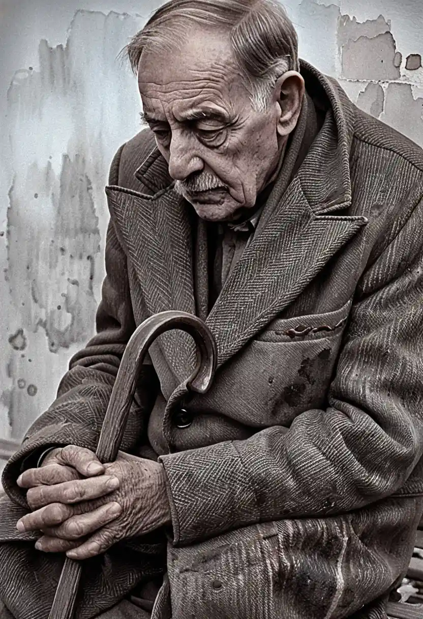 Old man resting alone on a weathered park bench