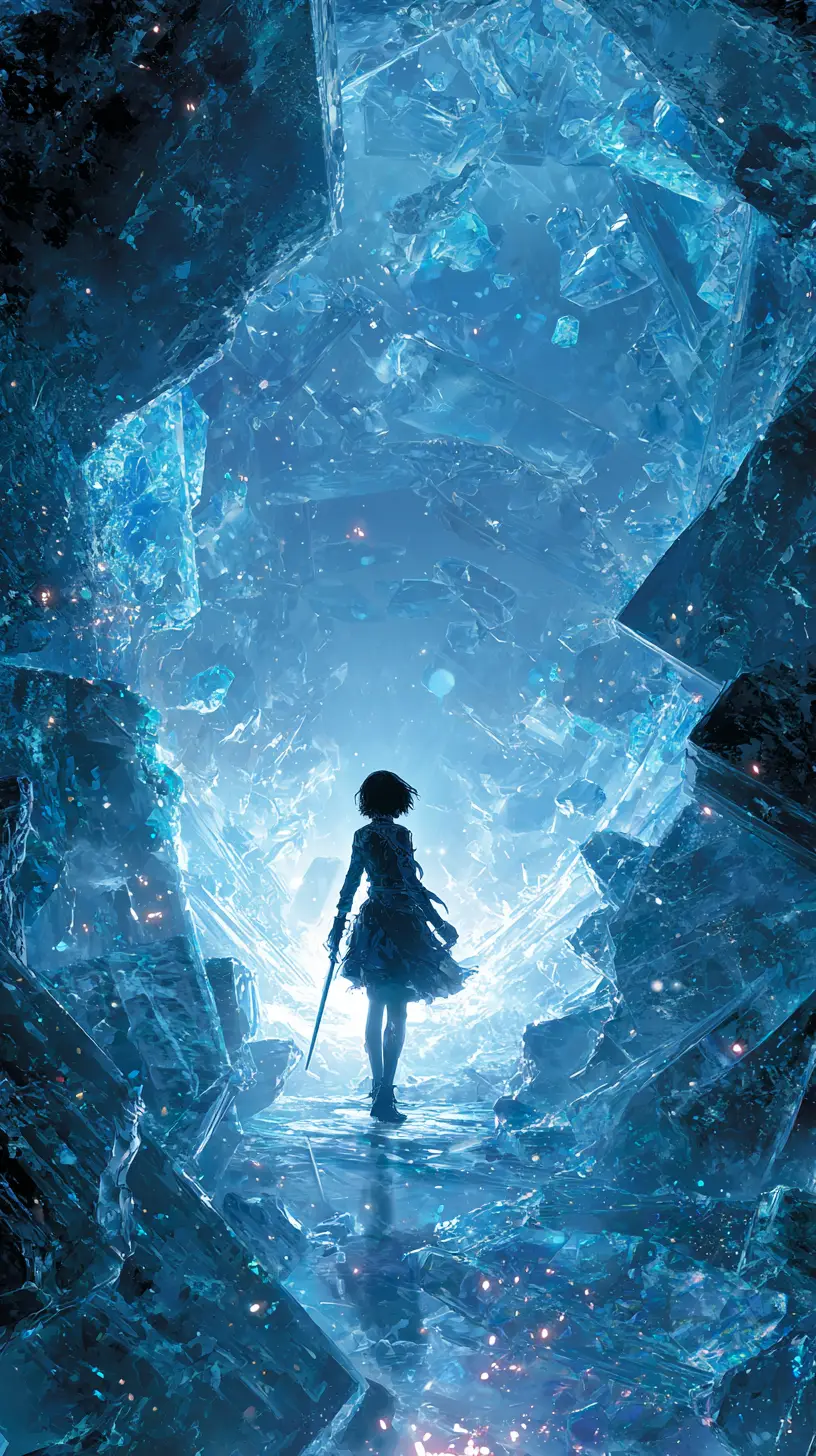 Guerriera anime congelata in un ghiaccio luminoso dentro di una caverna