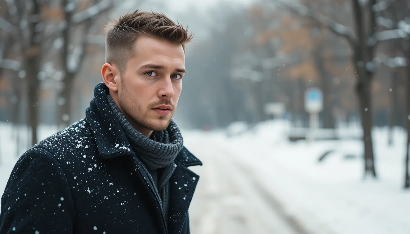 Mann im Mantel geht allein durch fallenden Schnee im Freien