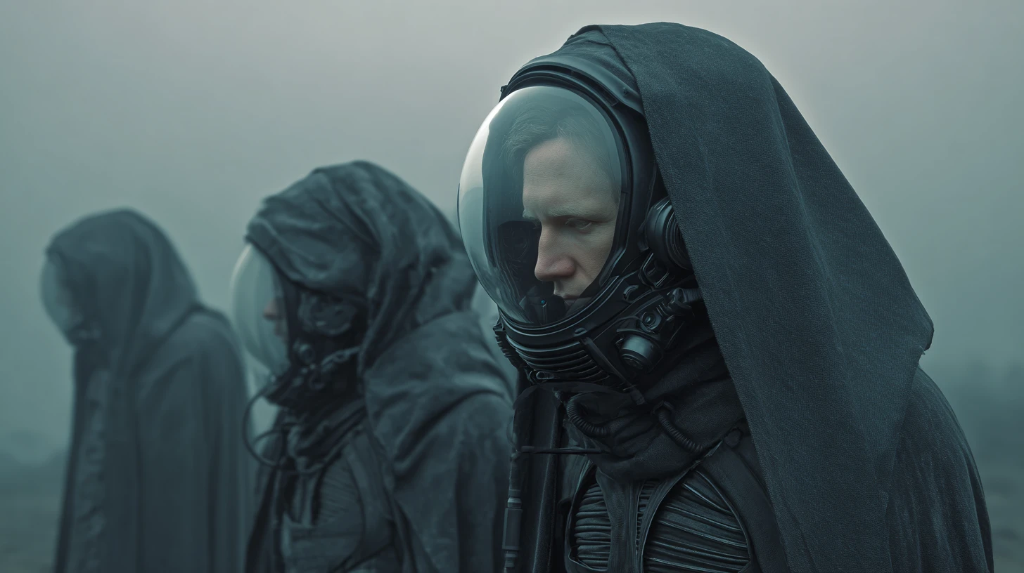 Soldats templiers de science-fiction en armure cyberpunk sur une tour de guet
