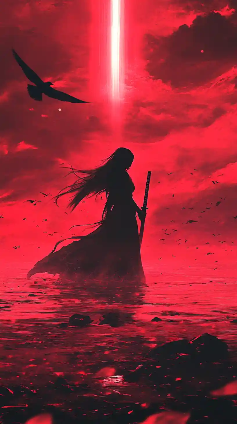 Femme avec katana dans une eau cramoisie sous un ciel inquiétant