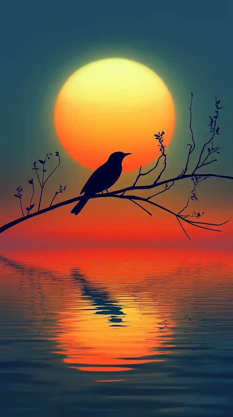 Silhouetted Bird Against Glowing Sun Over Still Water