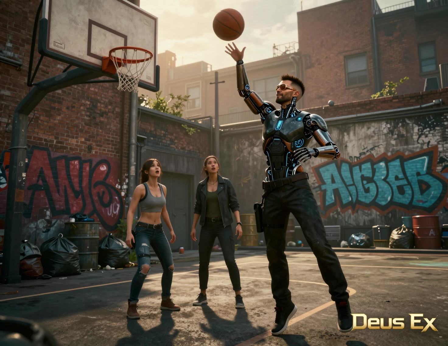Augmented man shooting basketball in gritty urban alley
