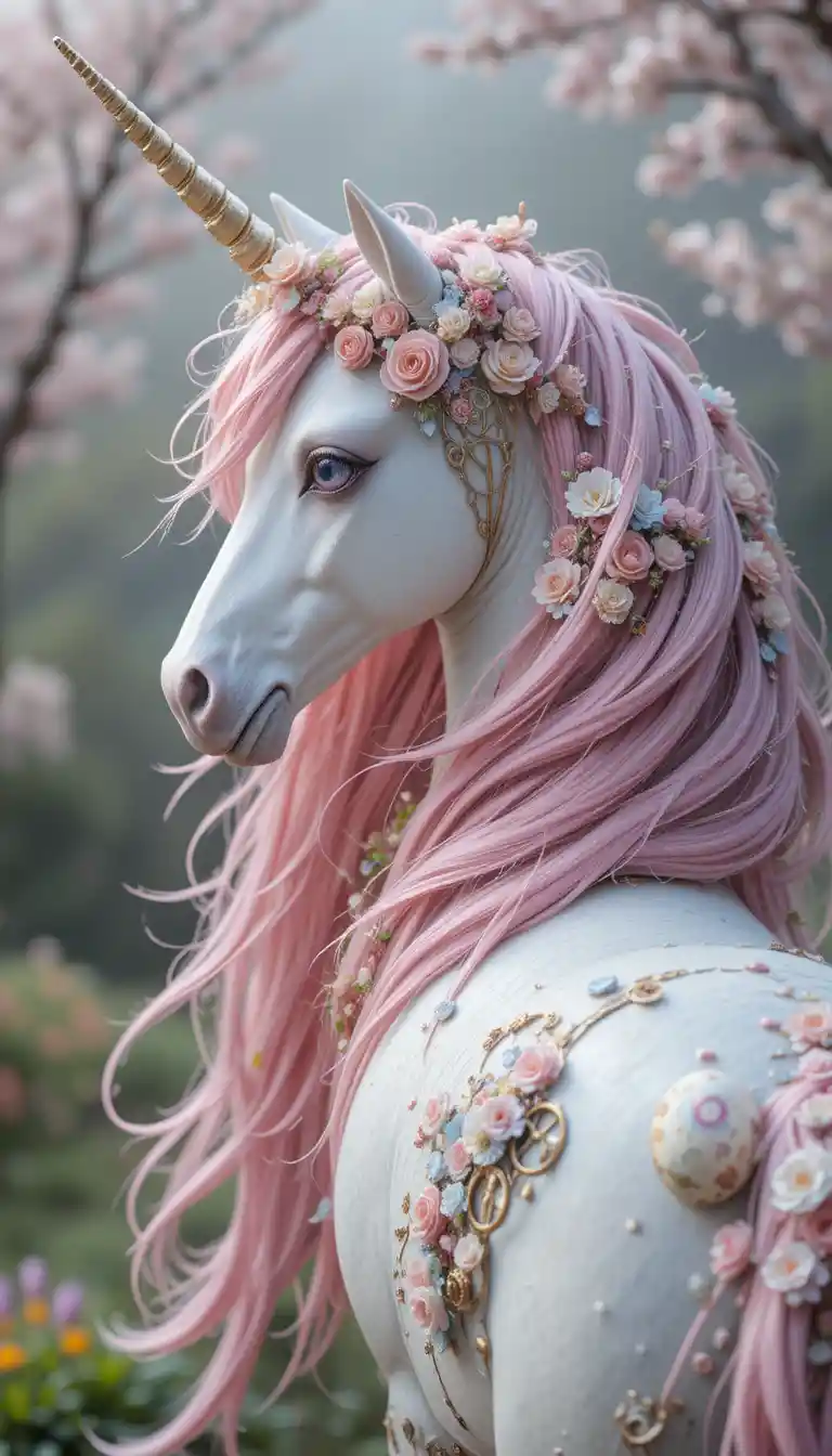 Unicorno bianco con criniera rosa in un luminoso paesaggio primaverile