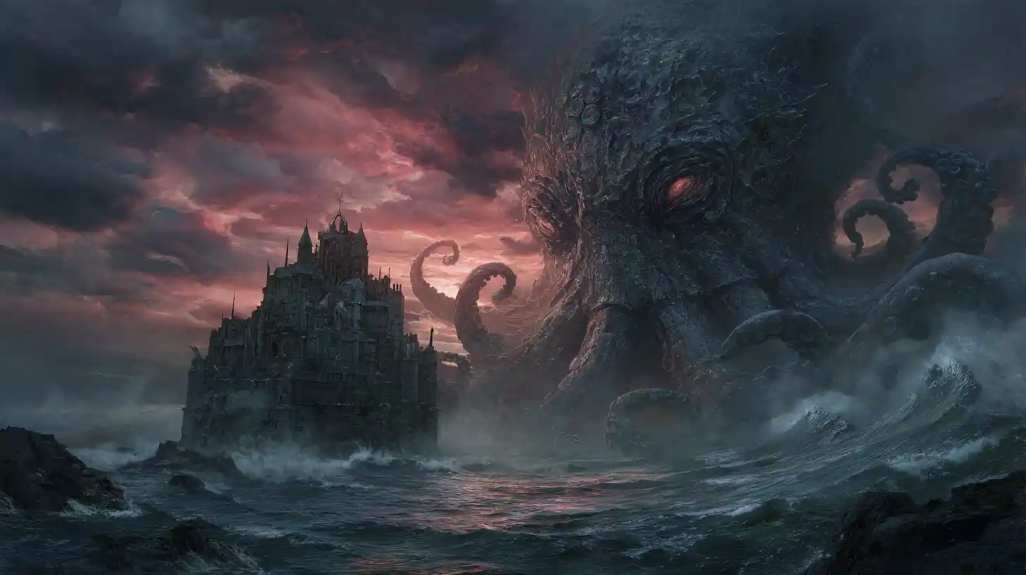 Kraken antique s’élevant devant un château gothique en ruines au bord d’une falaise