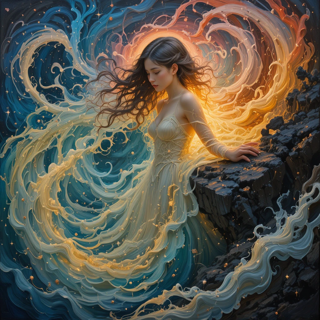 Teenage girl dissolving into a luminous ocean of color