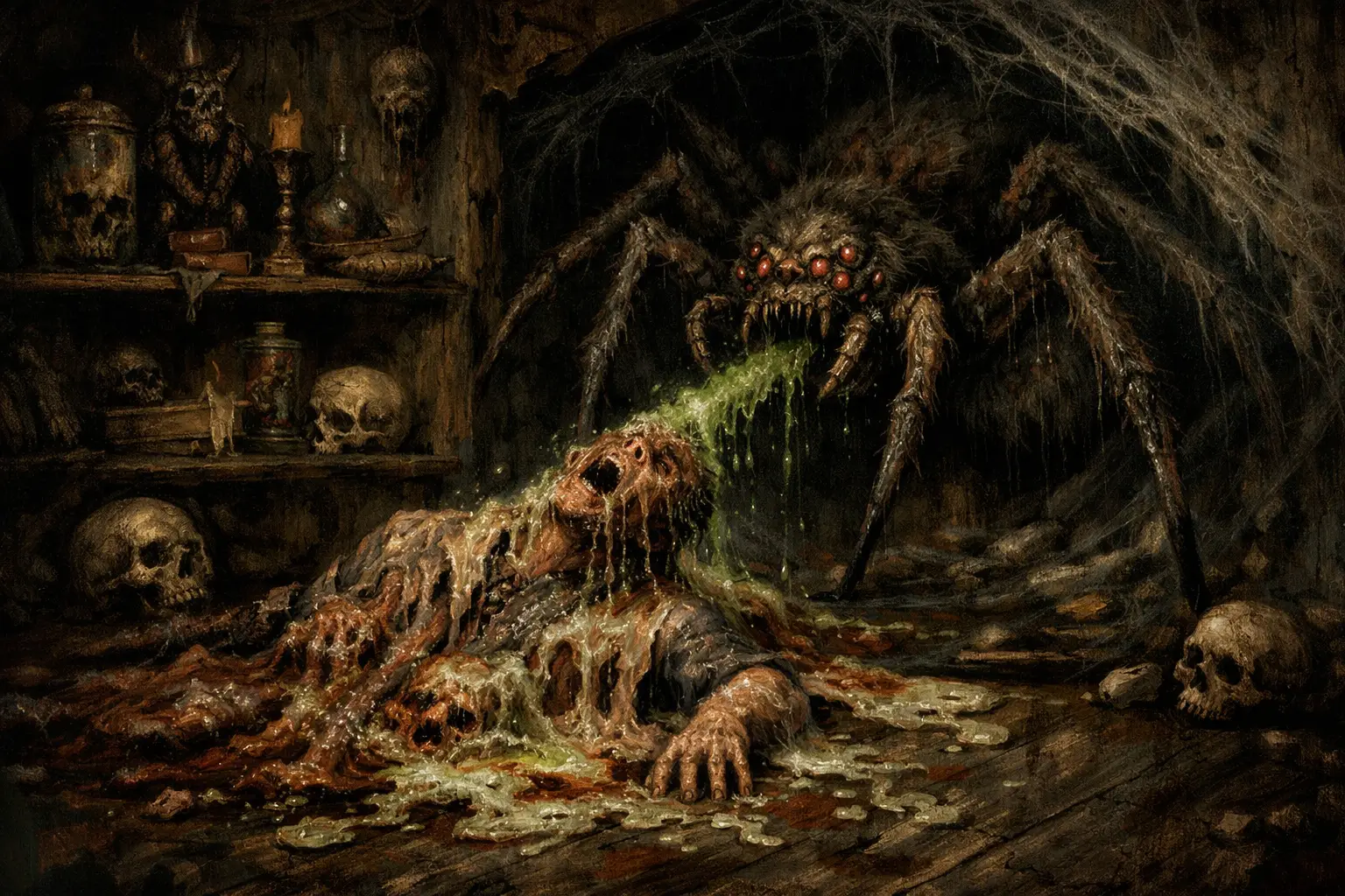 Giftige Spinne, die in einer Ecke eines Spukhauses lauert