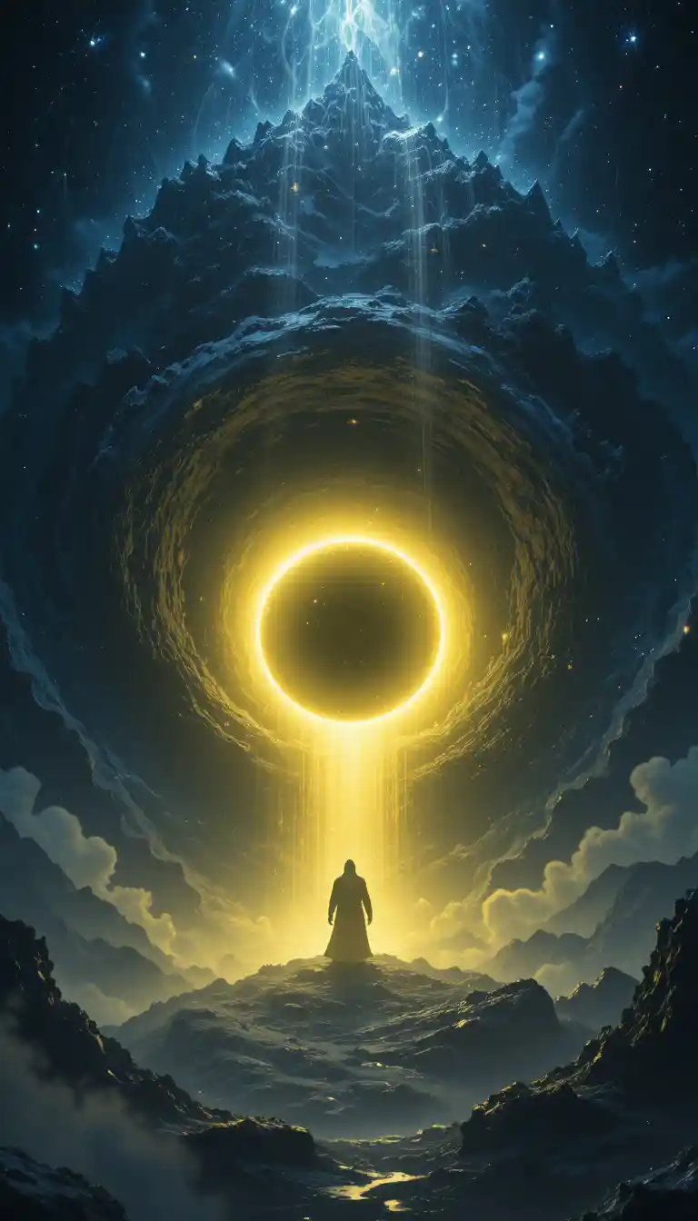 Ninja-Silhouette im Inneren eines leuchtenden kosmischen Schwarzen Lochs