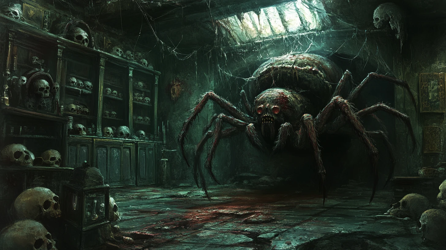 Aranha gigante espreitando no canto de um quarto assombrado