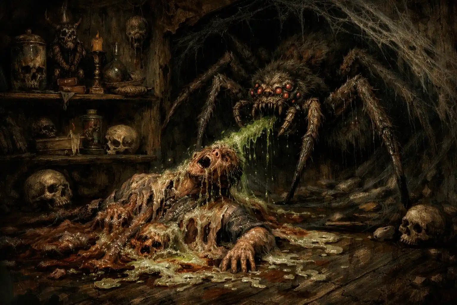 Venomous spider lurking in a corner of a haunted house