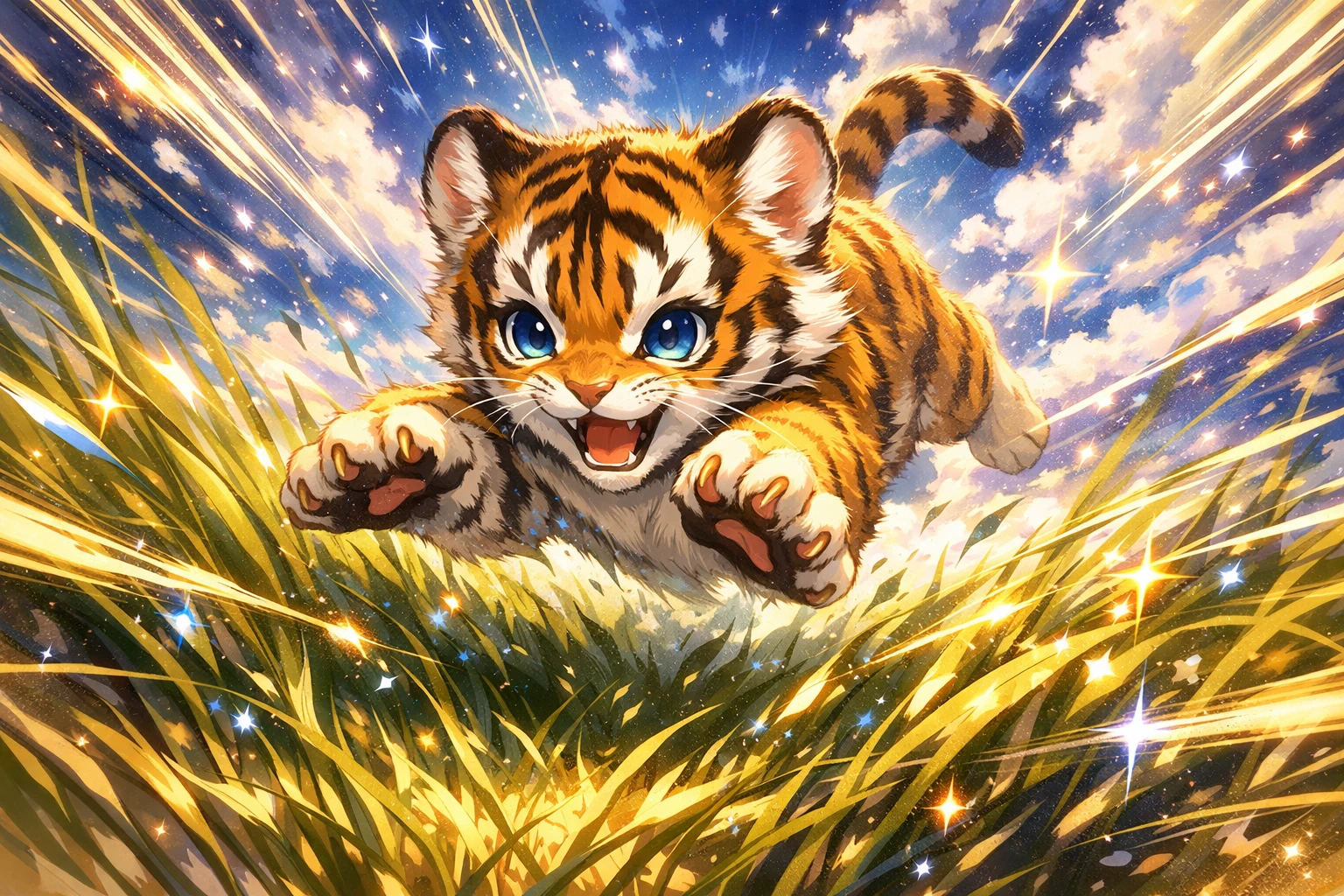 Playful tiger cub pouncing through tall grass in anime style