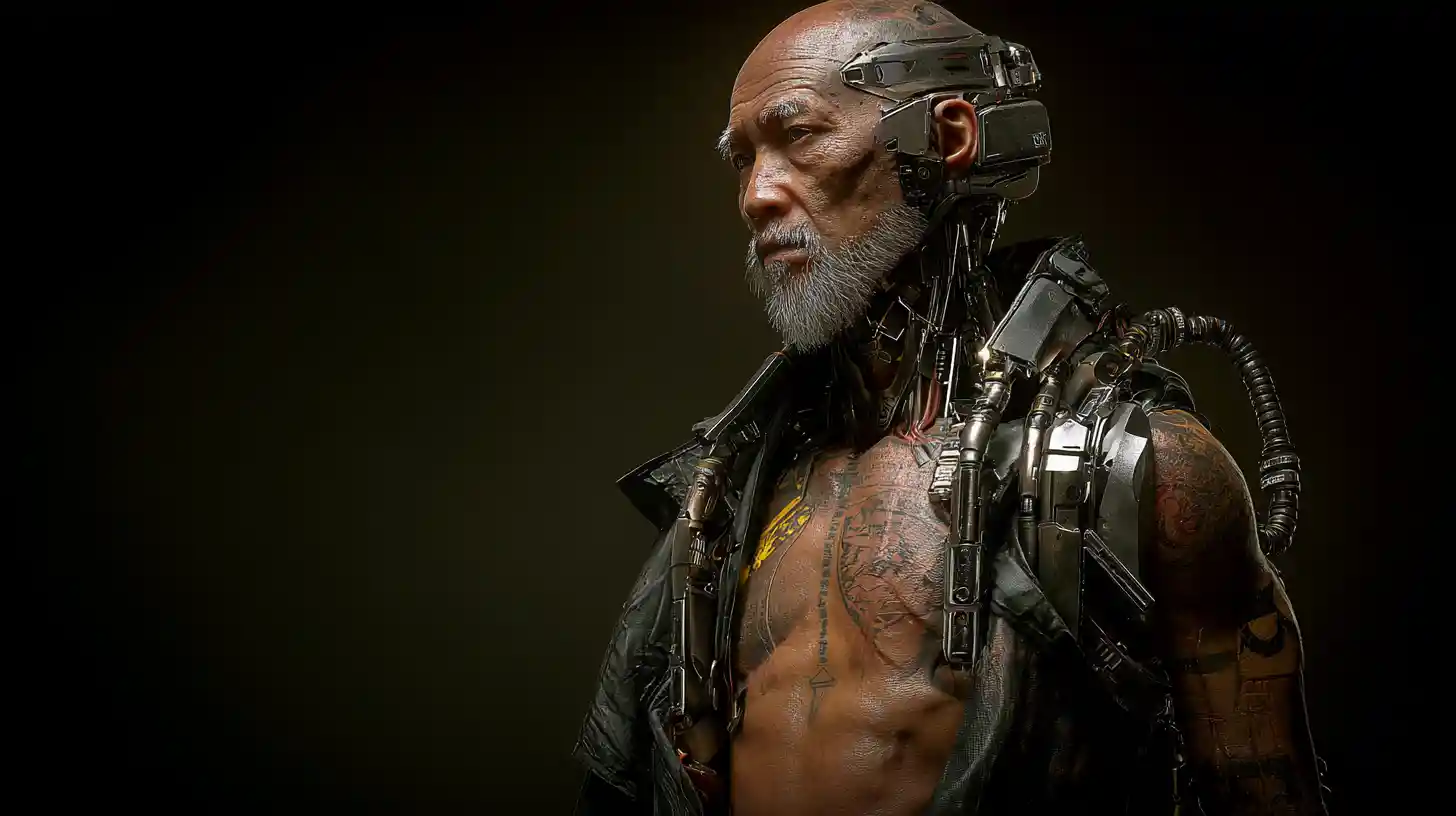 Grizzled cyberpunk cyborg commander with mechanical torso