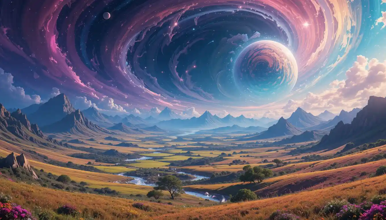 Planeta alienígena colorido con cielo caleidoscópico en remolino
