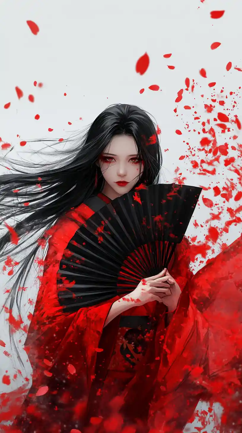 Donna in kimono rosso con ventaglio in dinamico stile manga