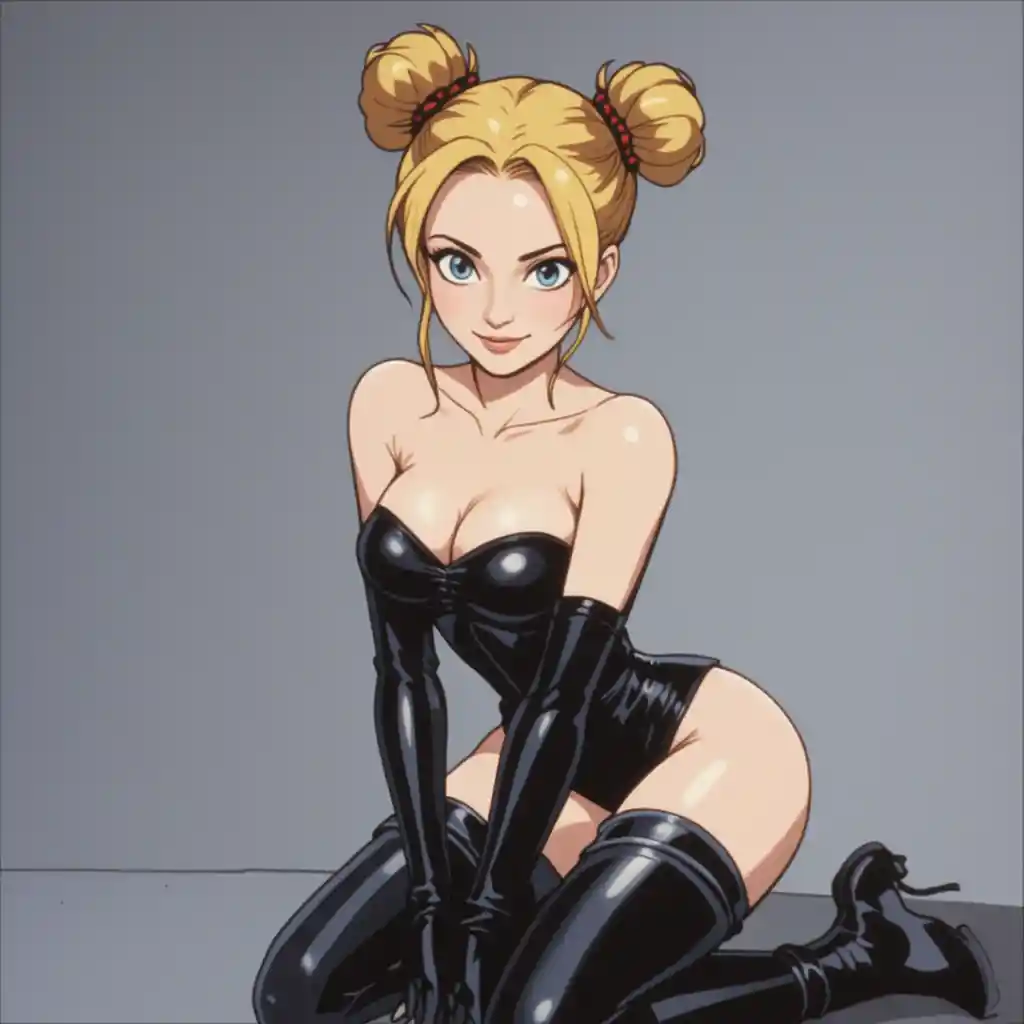 スタジオで黒いレザーを身に着けてひざまずく自信あふれるブロンド女性