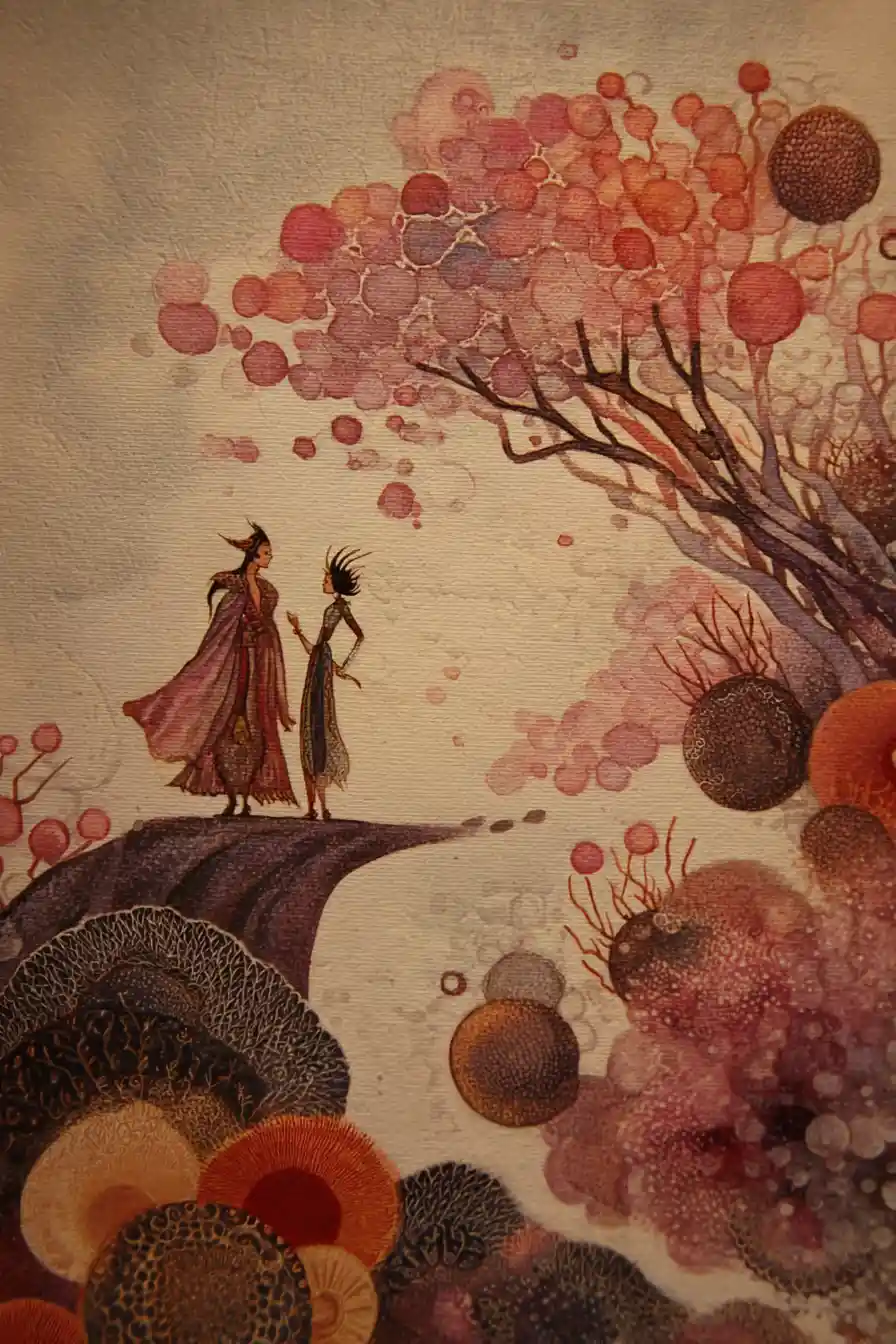 Escena surrealista y esperanzadora con ilusiones simbólicas y alegría lejana