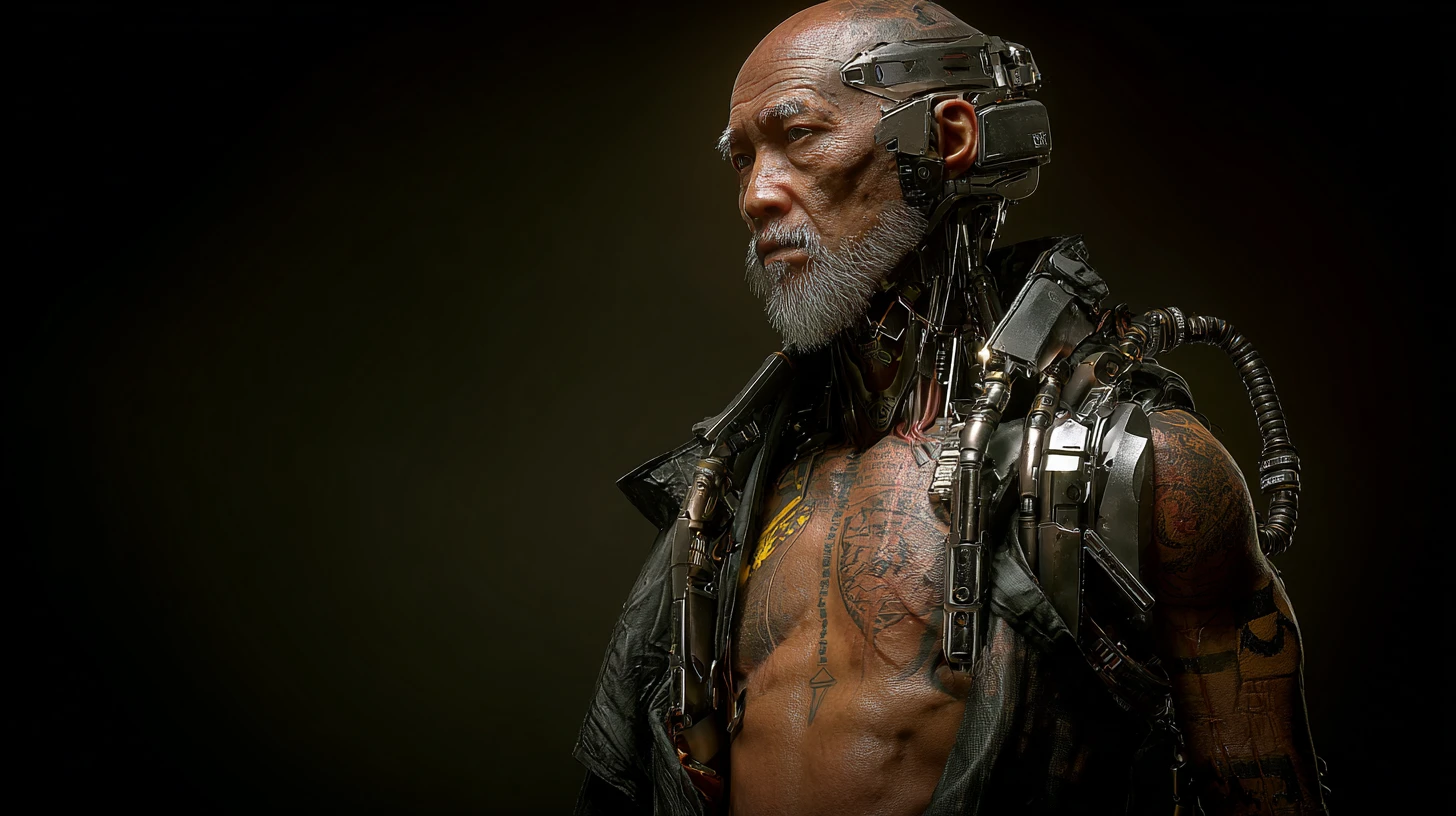 Grizzled cyberpunk cyborg commander with mechanical torso