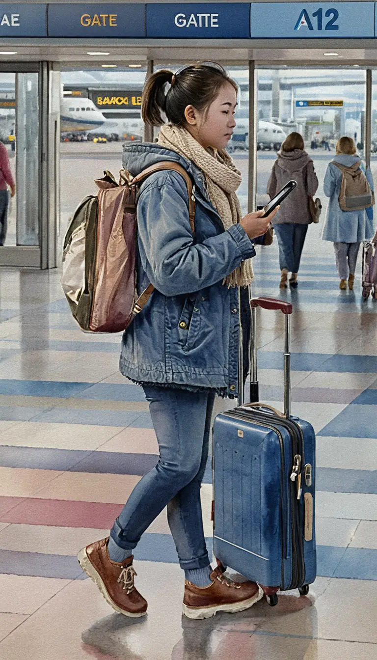붐비는 공항 터미널을 걷는 아시아 여성 그림