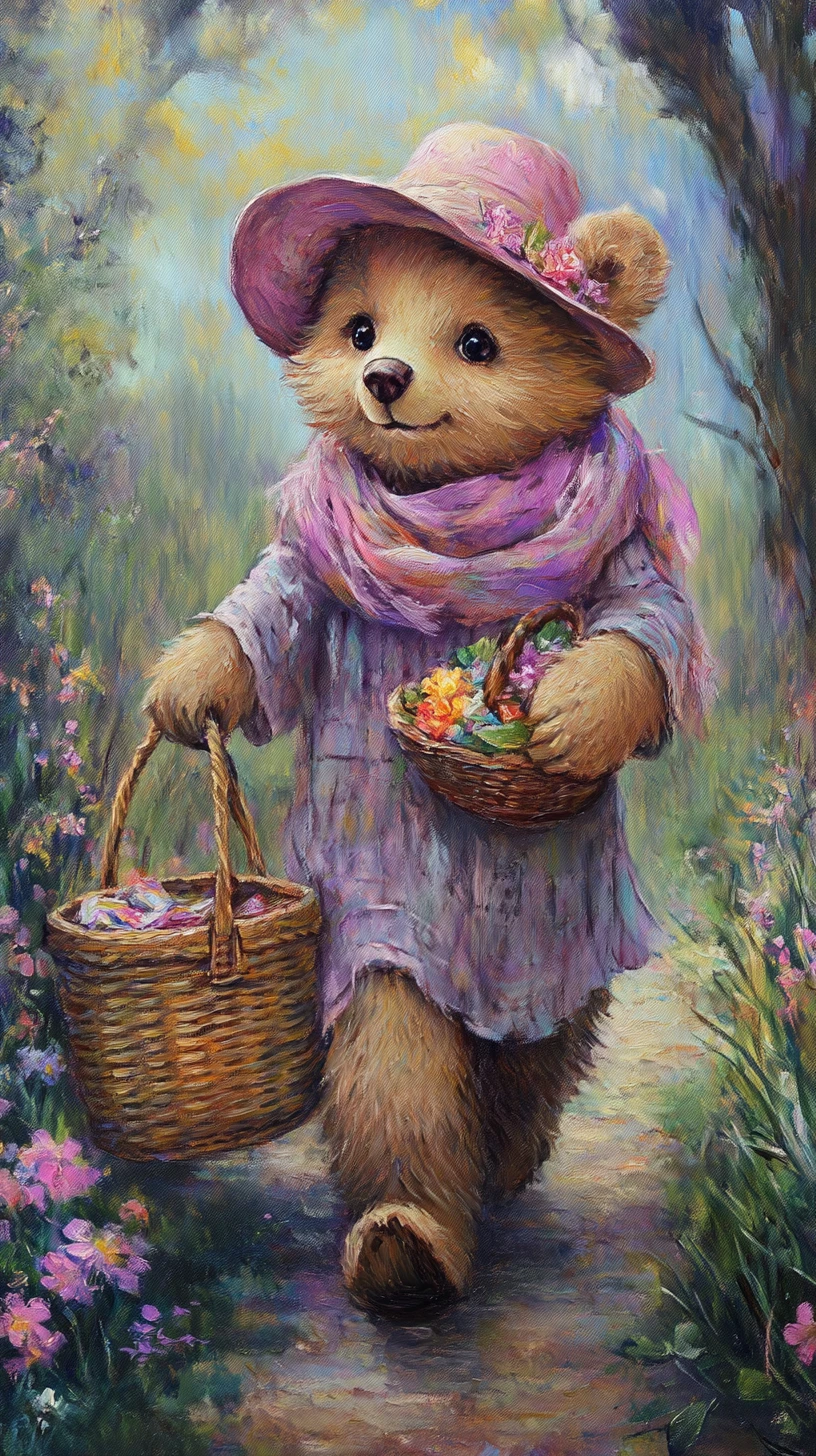 Dolce cucciolo di orso con cestino da picnic su un sentiero fiorito