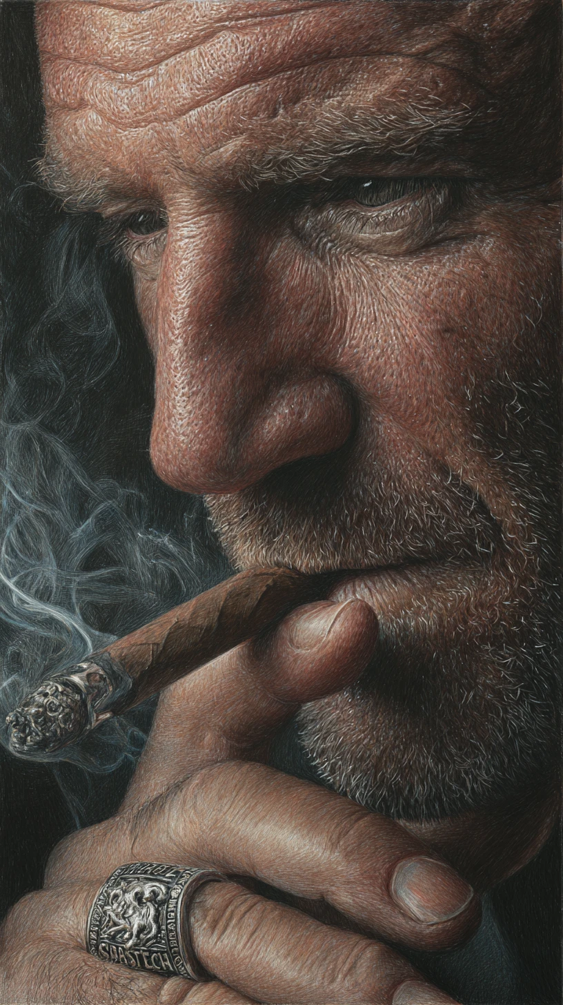 Homme mûr introspectif fumant un cigare – dessin en gros plan