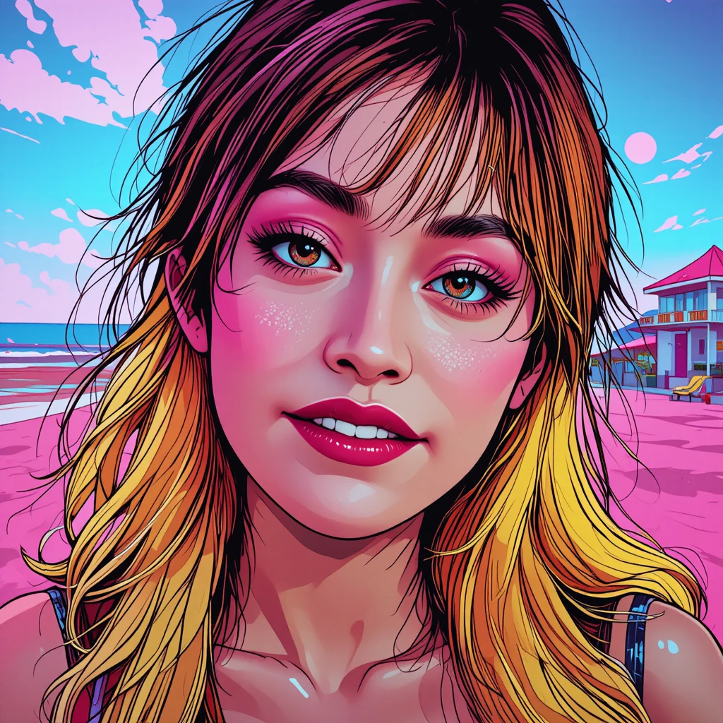 Smiling pop art woman with blonde hair at neon beach