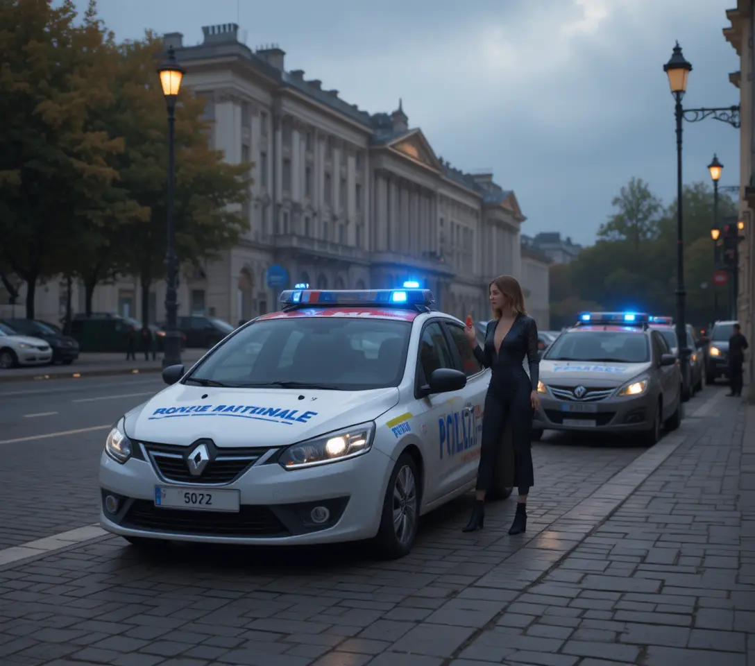 White police car parked on cobblestone street in French city