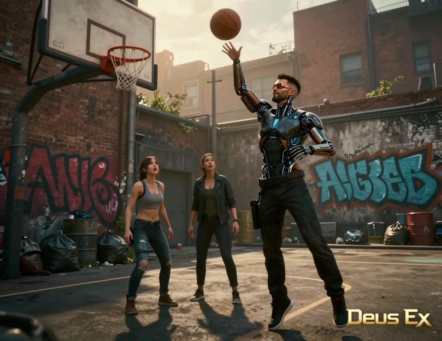Augmented man shooting basketball in gritty urban alley