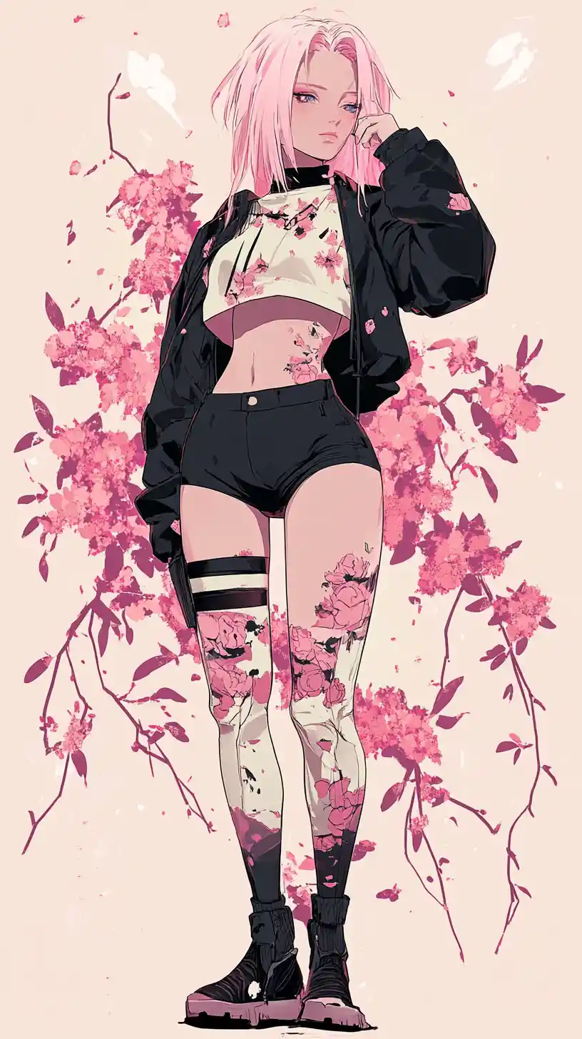 Pink haired anime girl in floral aviator jacket