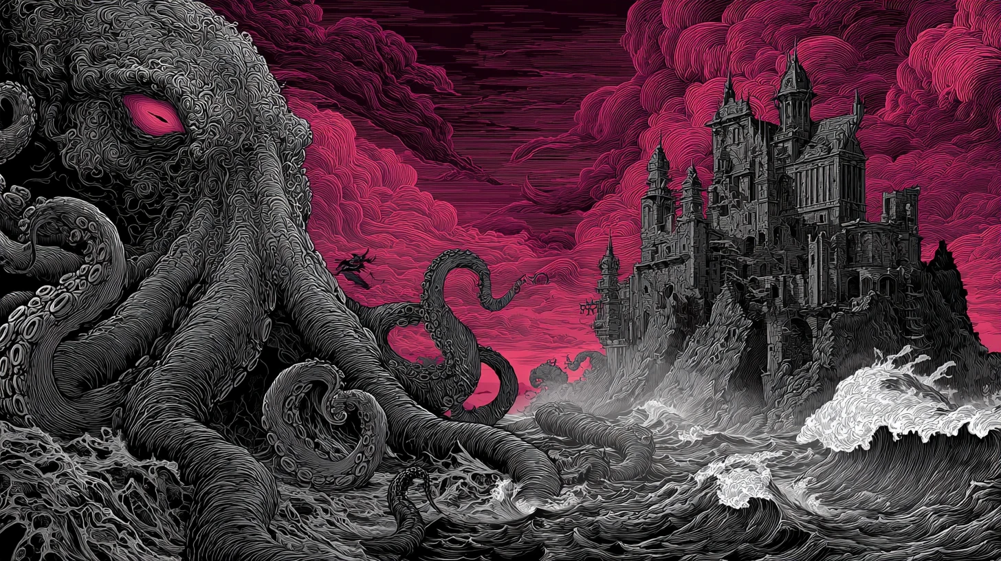 Kraken antique surgissant d’une mer noire et orageuse