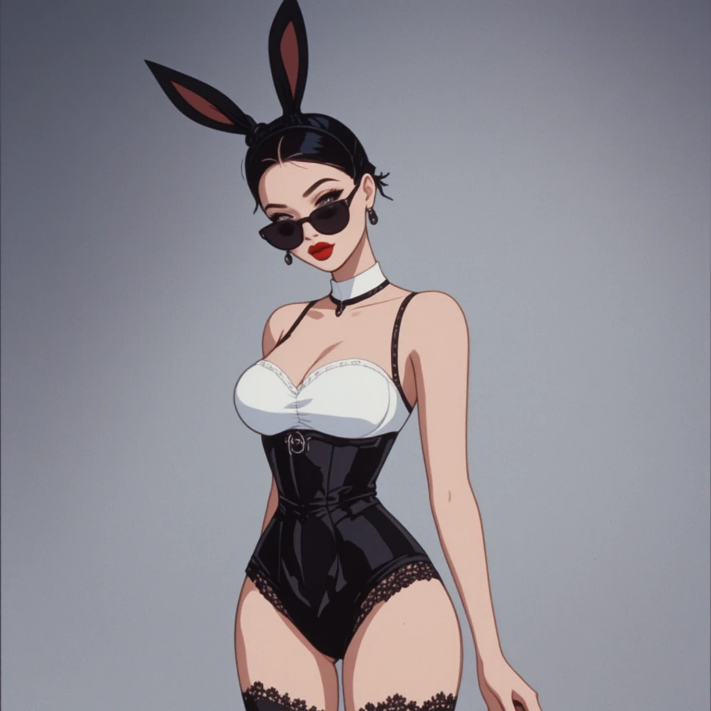 Donna glamour in lingerie con cerchietto da coniglietta in posa