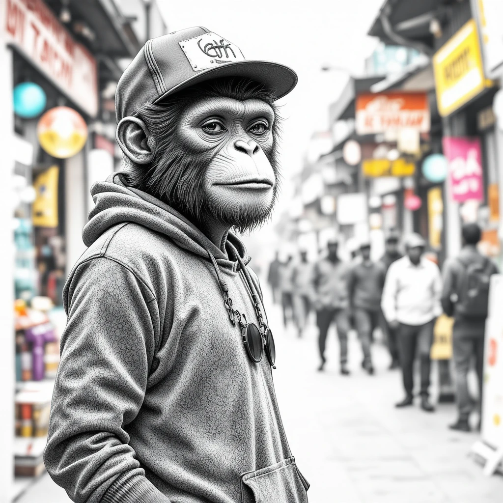 Anthropomorphic monkey in streetwear in a busy indian market