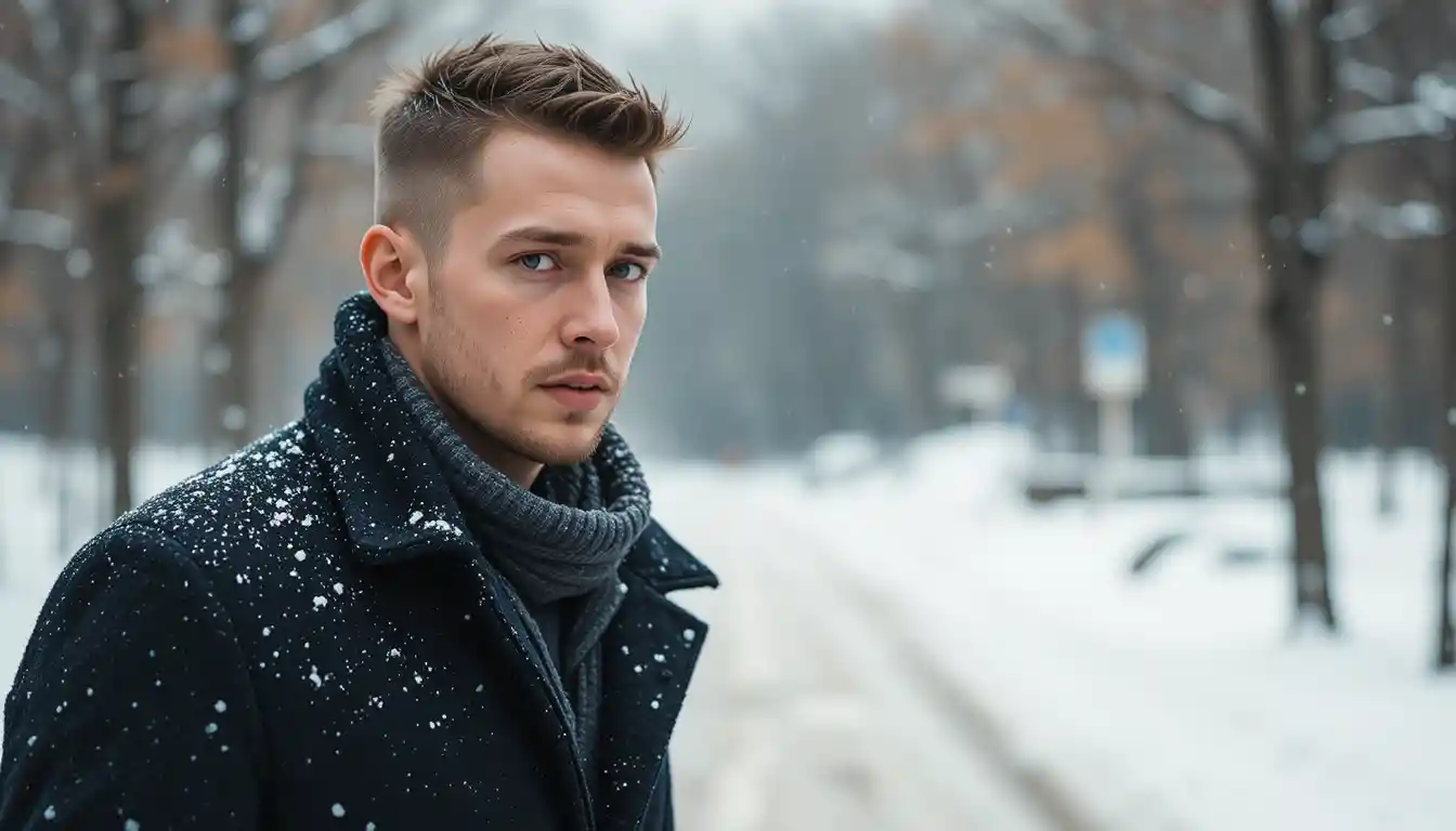 Hombre con abrigo caminando solo bajo la nieve en el exterior