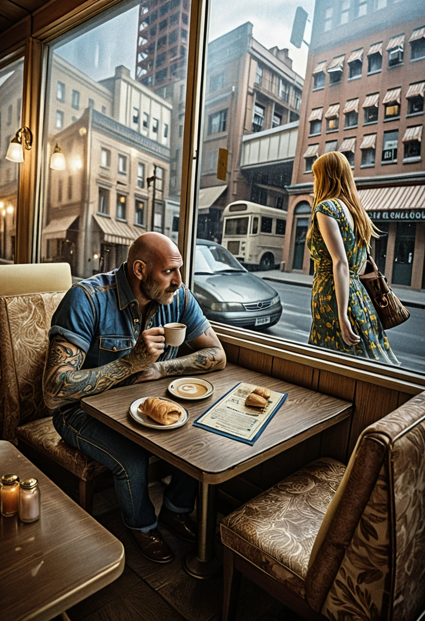 Uomo tatuato solo in un diner vintage a colazione