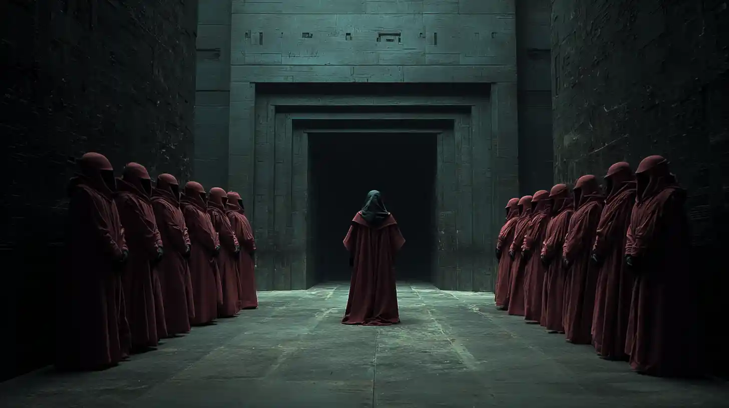 Noble sci fi baroness with guards inside a spaceship palace
