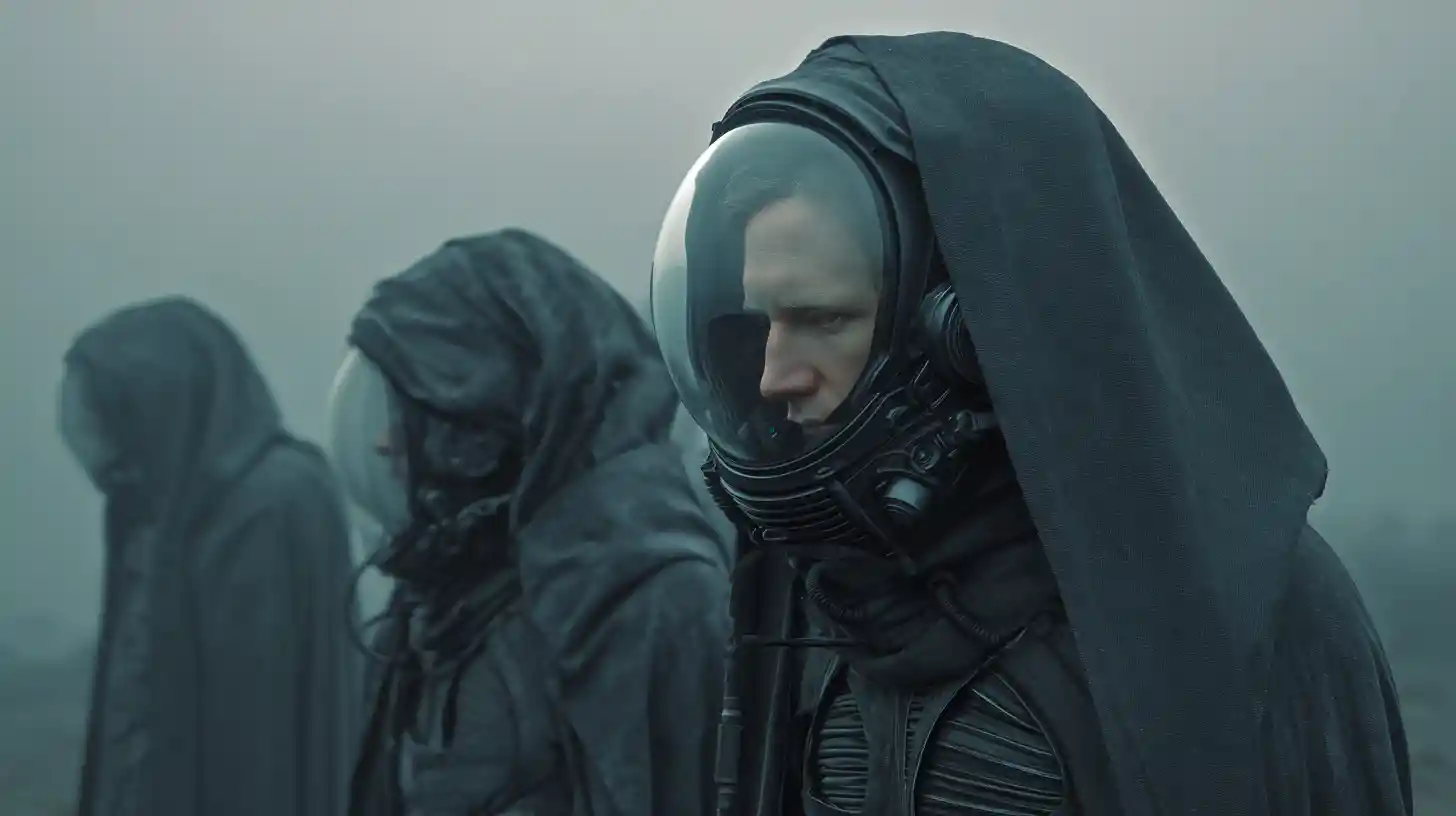 Sci-Fi-Templer-Soldaten in Cyberpunk-Rüstung auf einem Wachturm