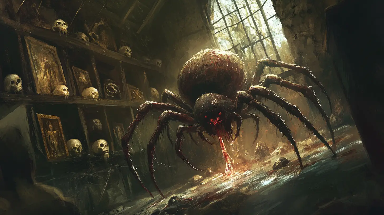 Riesige Spinne, die in der Ecke eines Spukhauses lauert
