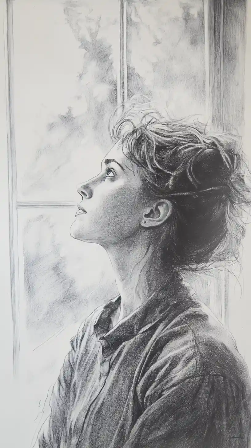 Woman standing by a large window in soft interior light