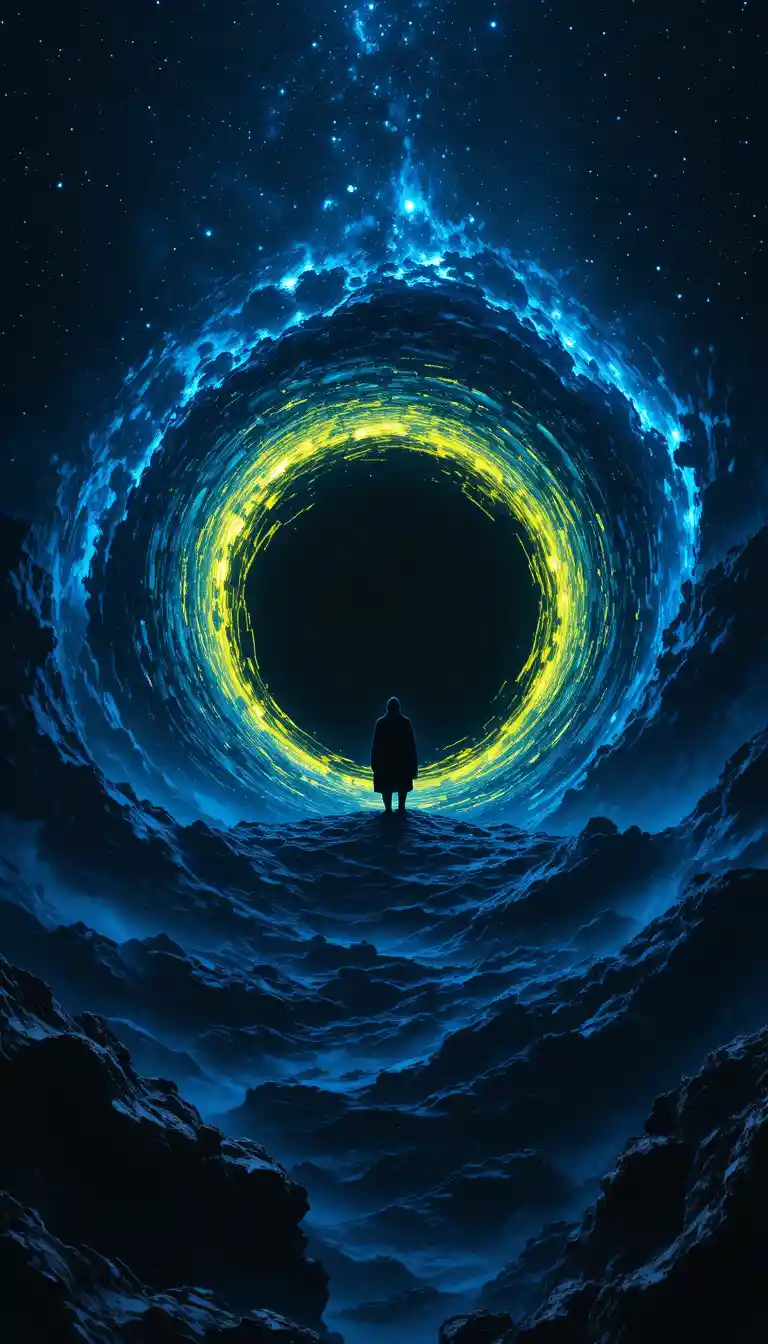 Ninja-Silhouette im Inneren eines leuchtenden kosmischen Schwarzen Lochs