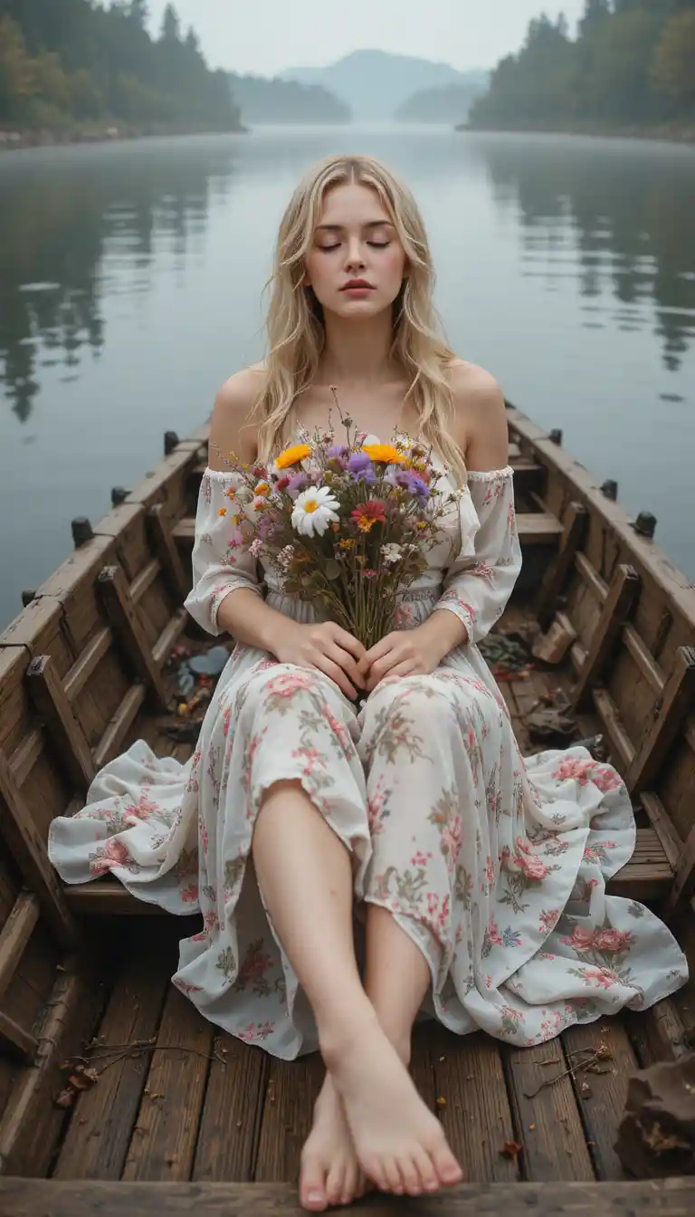 Jovem mulher relaxando em um barco de madeira em um lago enevoado