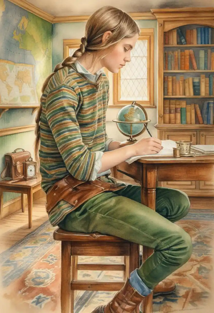 Young student writing at a wooden desk in warm study