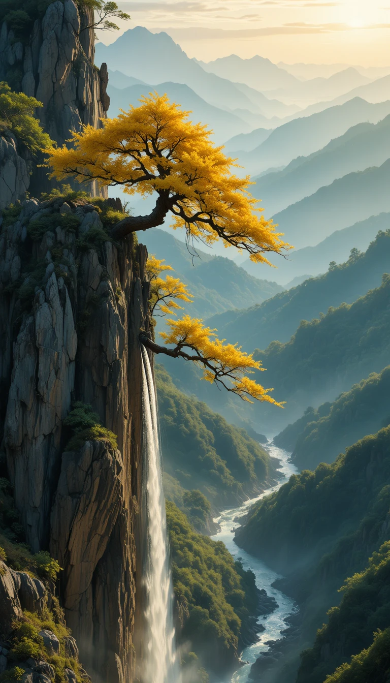 Goldener Bonsai-Baum, der einen dramatischen Berghang hinabfließt