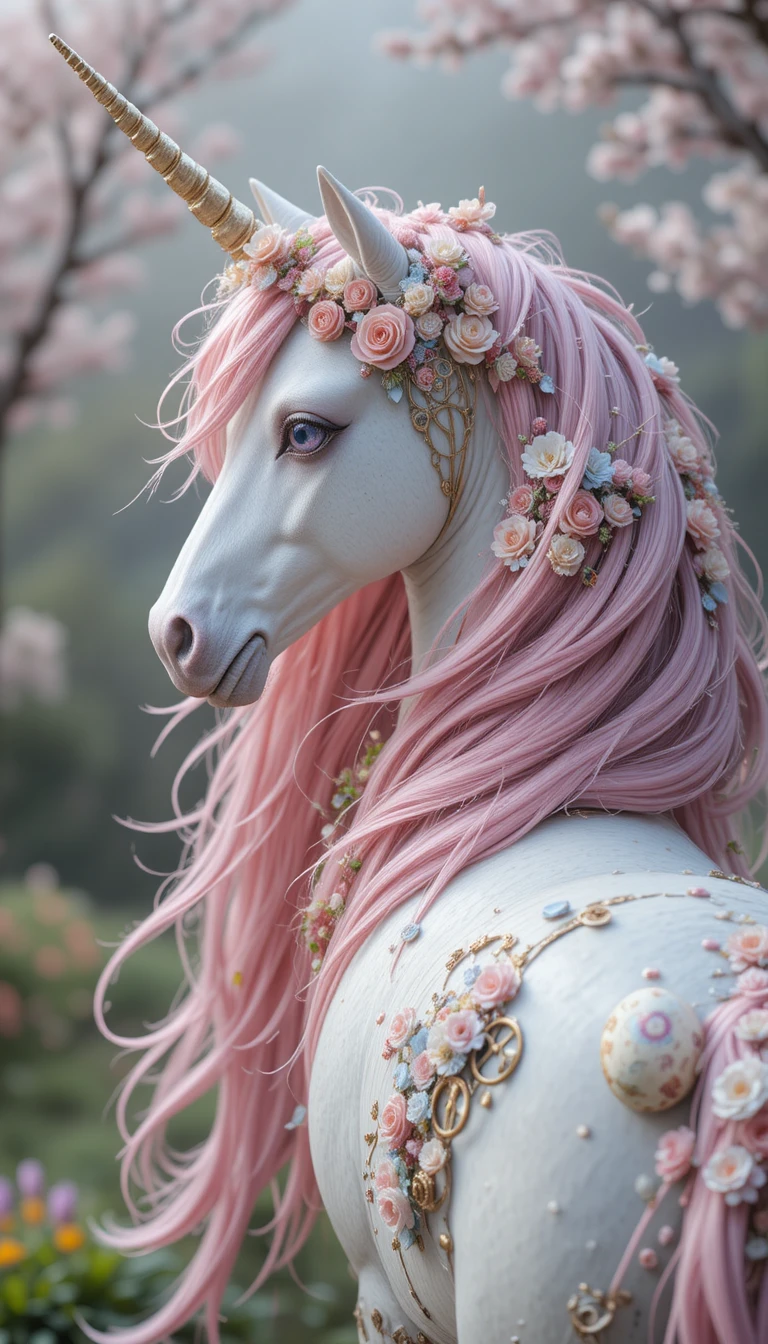 White unicorn with pink mane in a bright spring landscape