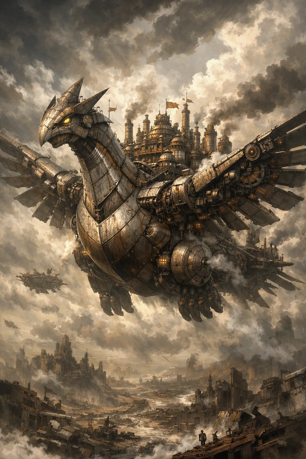 Gigantesca Fortezza Aeronave Steampunk Sfreccia Sopra un Mondo in Rovina