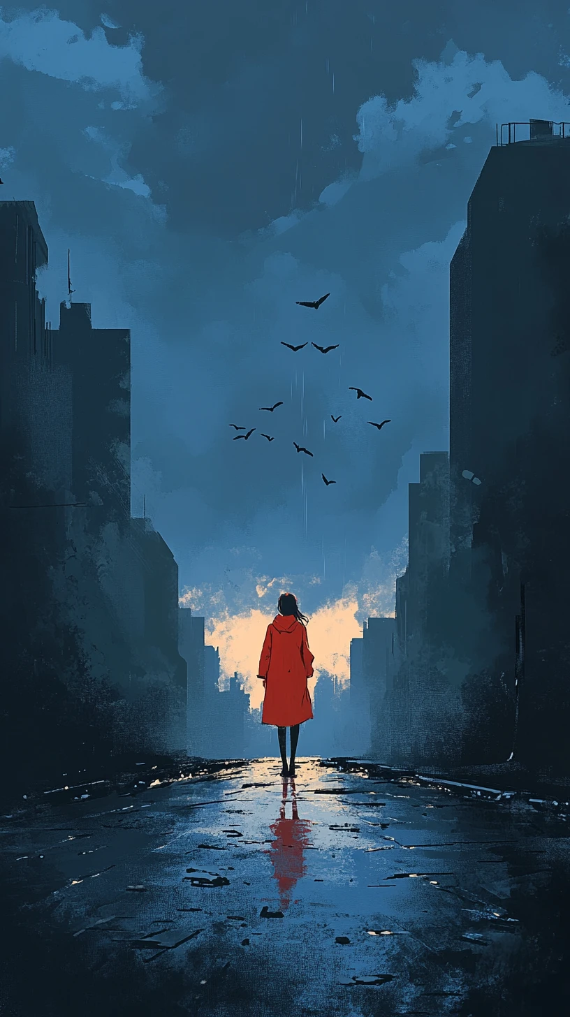 夕暮れの雨のアニメ都市の通りに立つ赤いコートの女性