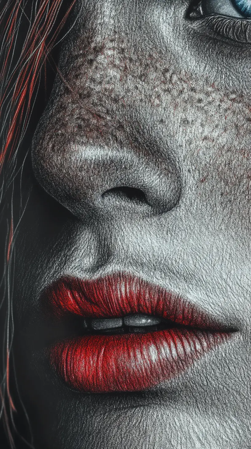 Realistic graphite portrait with blue eyes and red lips