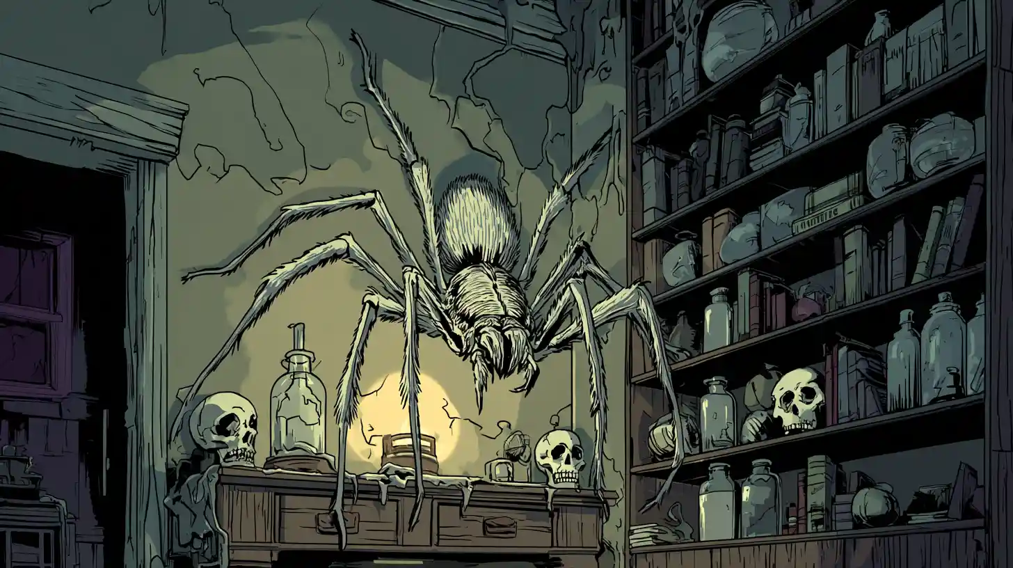 Giftige Spinne, die in der Ecke eines Spukhauses lauert